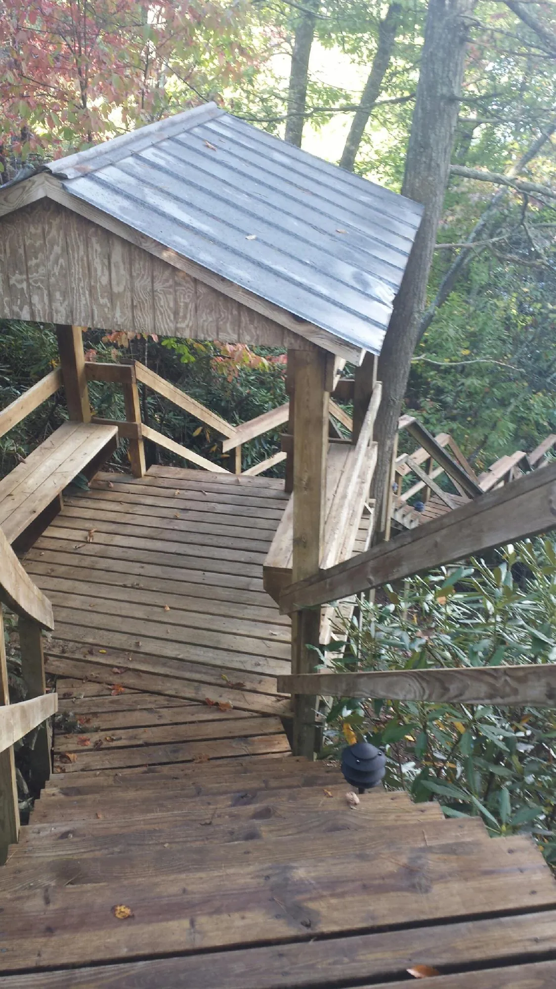 Metal roofed shelter over wooden steps on a wooded walkway — Skylight Repair & Installation work by our crew in Ruthton